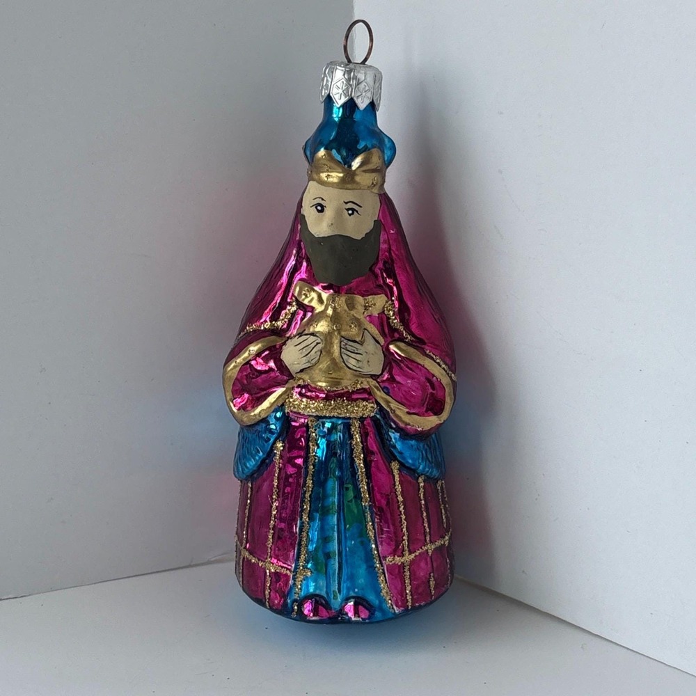 Vintage Blown Glass Wise Man King Christmas Ornament Pink Blue Gold Glitter 6"